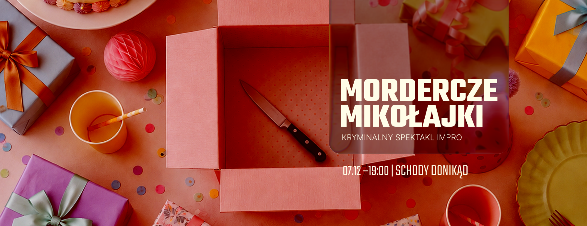 Grafika promocyjna spektaklu Mordercze Mikołajki — improwizowany kryminał świąteczny we Wrocławiu